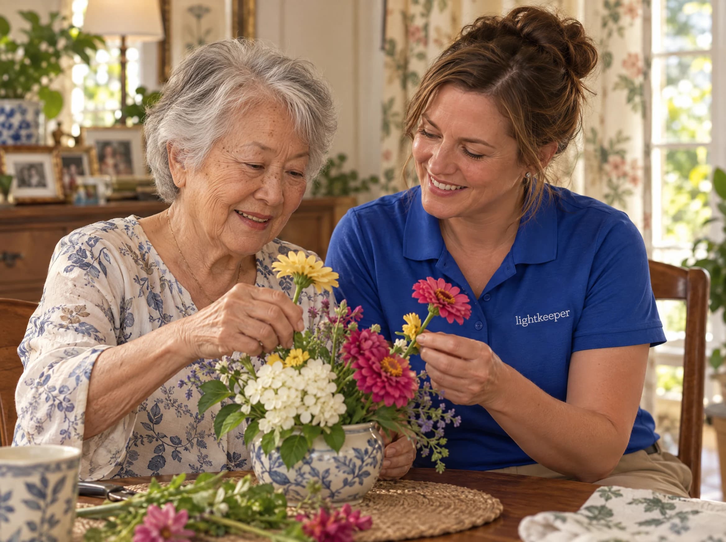 A Lightkeeper patiently arranges flowers alongside an older woman at her dining table