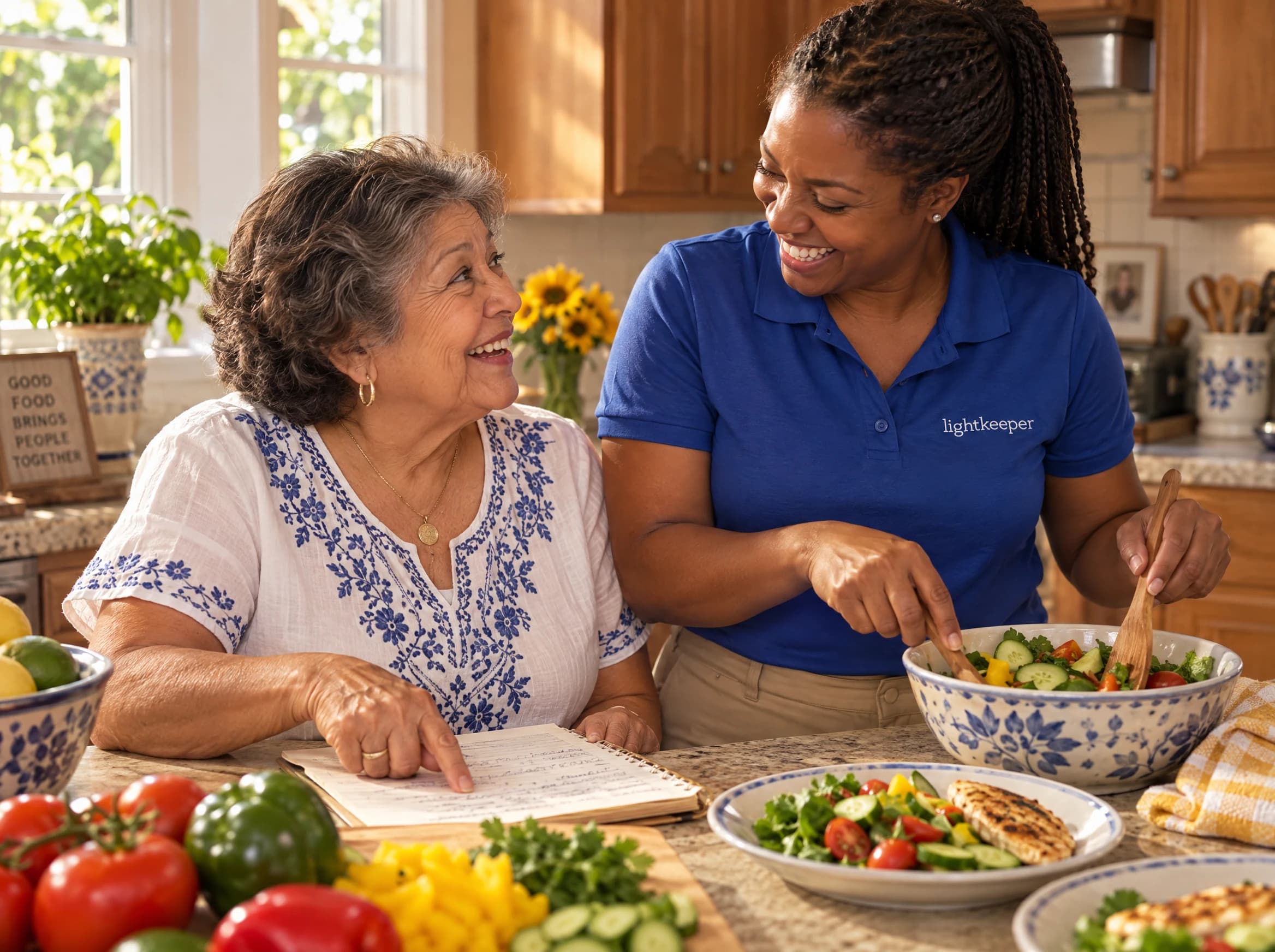 An older woman shares a family recipe while her Lightkeeper helps prepare lunch in her kitchen