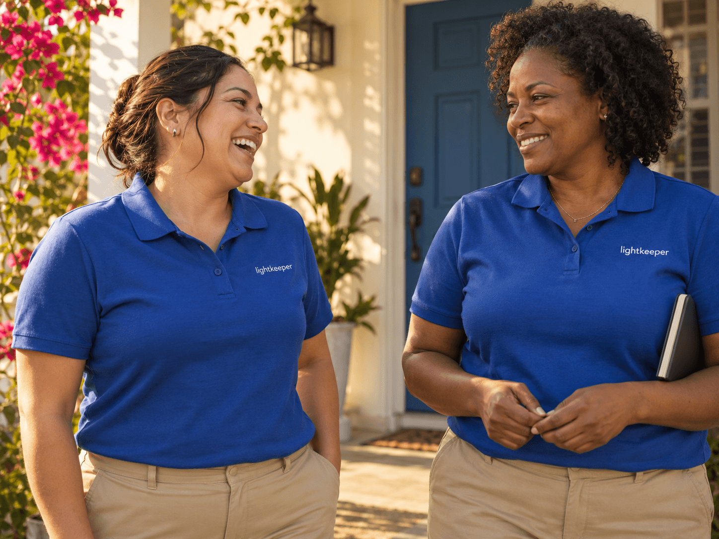 Two caregivers sharing a smile on a sunny porch in cobalt Lightkeeper uniforms