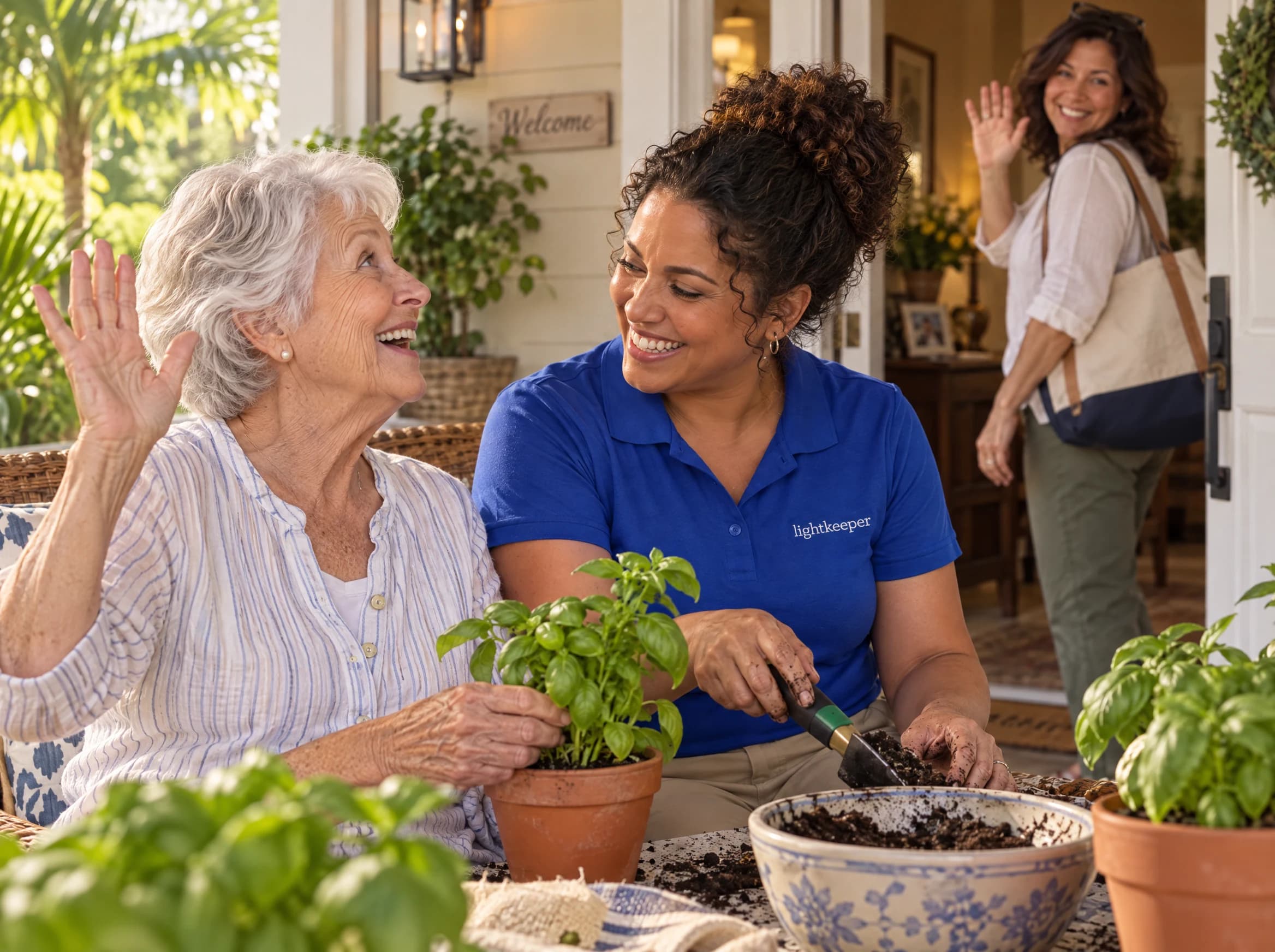 An older woman enjoys gardening with her Lightkeeper while her daughter heads out for a break